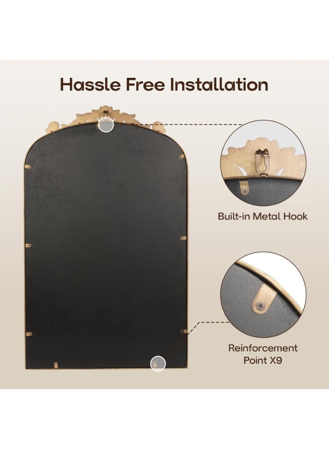 غوغا مرايات جداريه ذهبية فاخرة فينتج 91×61 سم، مرايا جدارية بإطار باروكي مزخرف وقوس أنيق، مرايا حائط ومرايا حمام / مراية حمام للحمام وغرفة النوم وغرفة المعيشة، مرايا مدخل / مراية مدخل للمداخل وفوق المدفأة - Image 5